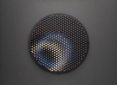 Daniel Rozin
<i>RGB Peg Mirror</i>, 2019
Anodized aluminum knobs, motors, 3D camera, control electronics, computer, custom software
72 in / 182.9, diameter 
4 in / 10.2 cm, depth
