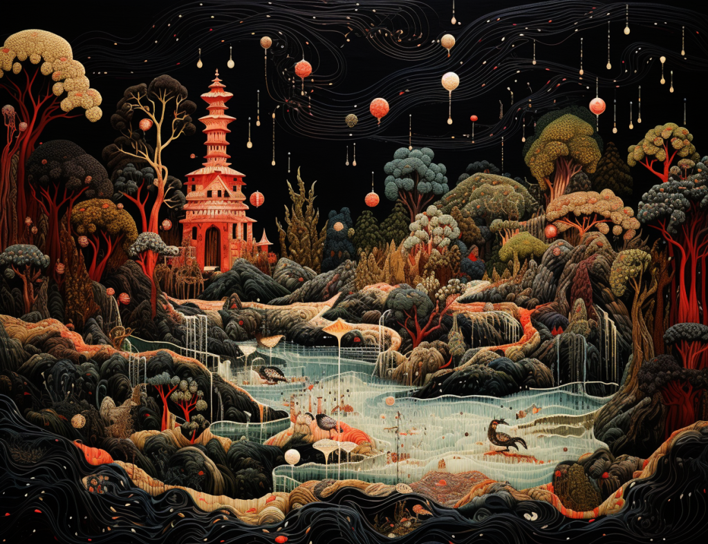 A tapestry of a village with a lake.