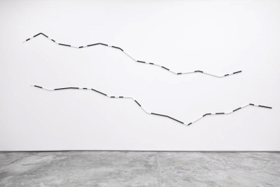 Amor Muñoz
<i>Coded Borders 1 (Message: Technology does not speak spanish)</i>, 2019
Installation: wooden sticks and acrylic paint
Edition of 2