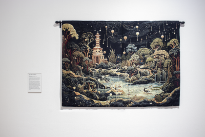 Alexander Reben Twilight Wanderers in the Kingdom of Enchantment, 2023 Tapestry, pigment ink on cotton rag paper print (wall label) 38 x 57 x 1 in  96.5 x 144.8 x 2.5 cm
