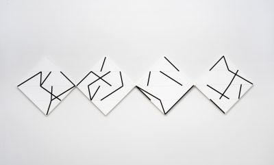 Manfred Mohr P-224-E, Dimensions I, 1978-1979 Computer generated algorithmic pen plotter drawing, acrylic on canvas, in four parts 15.8 x 15.8 in / 40 x 40 cm, each
